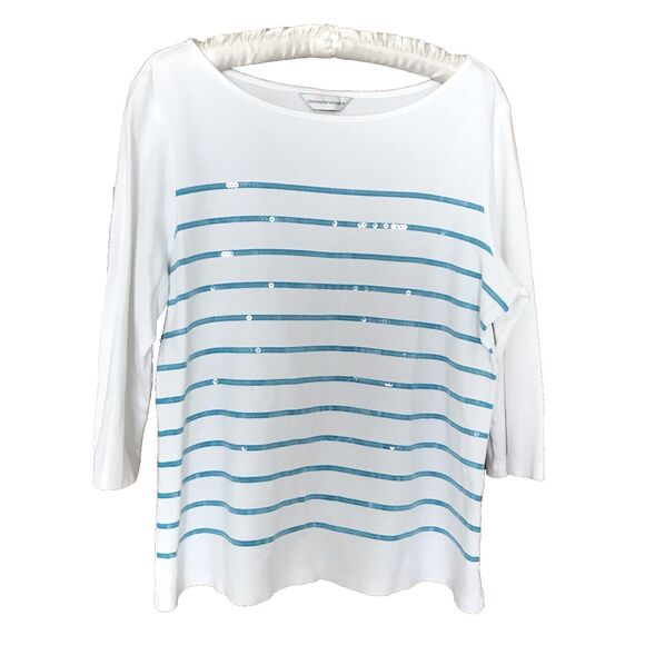 Christopher & Banks Top Tee L White Aqua Stripe 3/4 Slv Sequins Cotton Knit EEUC - Picture 1 of 9